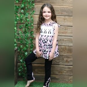 Pink Panda Print Top and Black Leggings Set